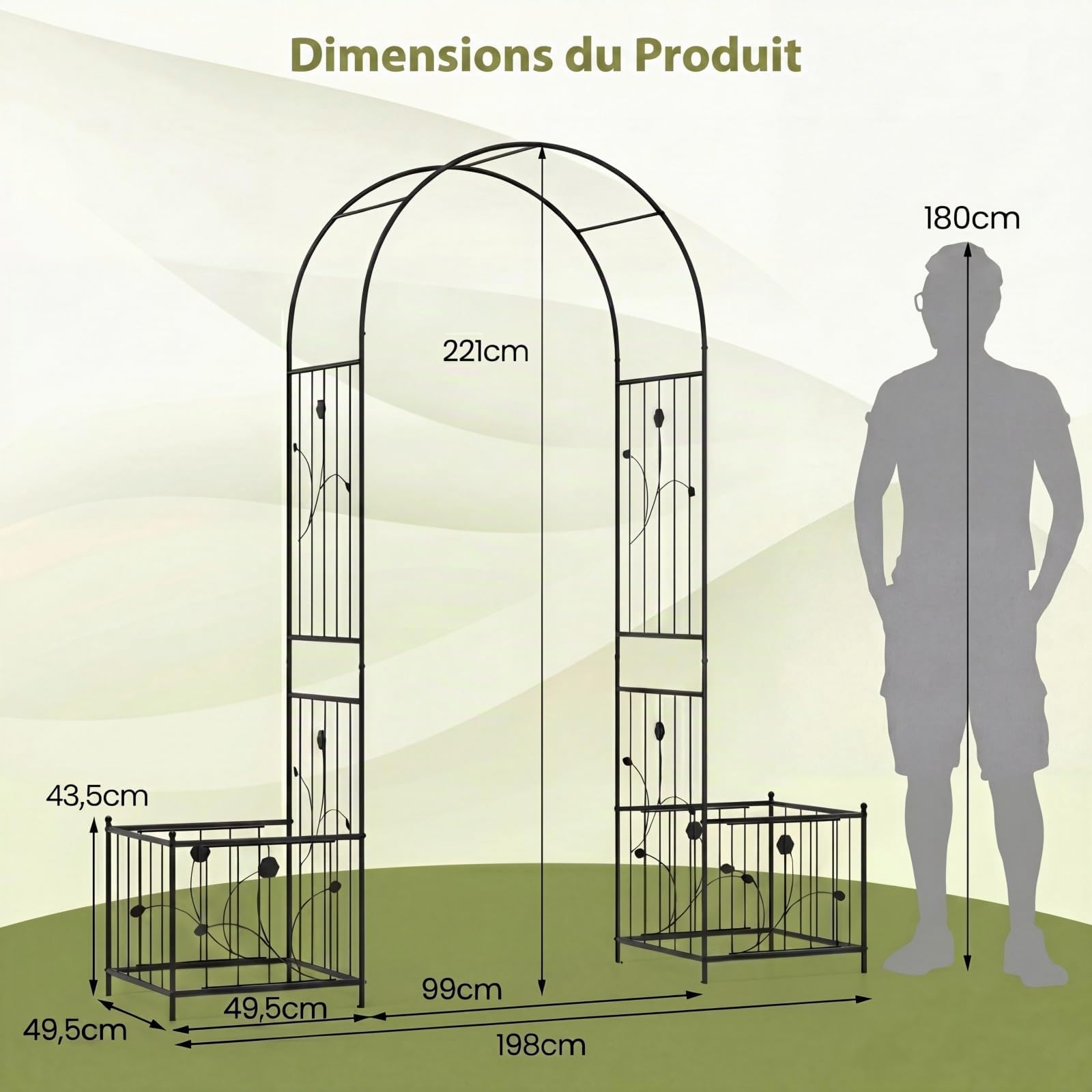 GYMAX Arche de Jardin avec 2 Jardinières, Treillis Métallique avec Pique pour Plantes Grimpantes & Rosiers, Arche de Rose avec bac à Fleurs, pour Mariage, Pelouse, Arrière-Cour
