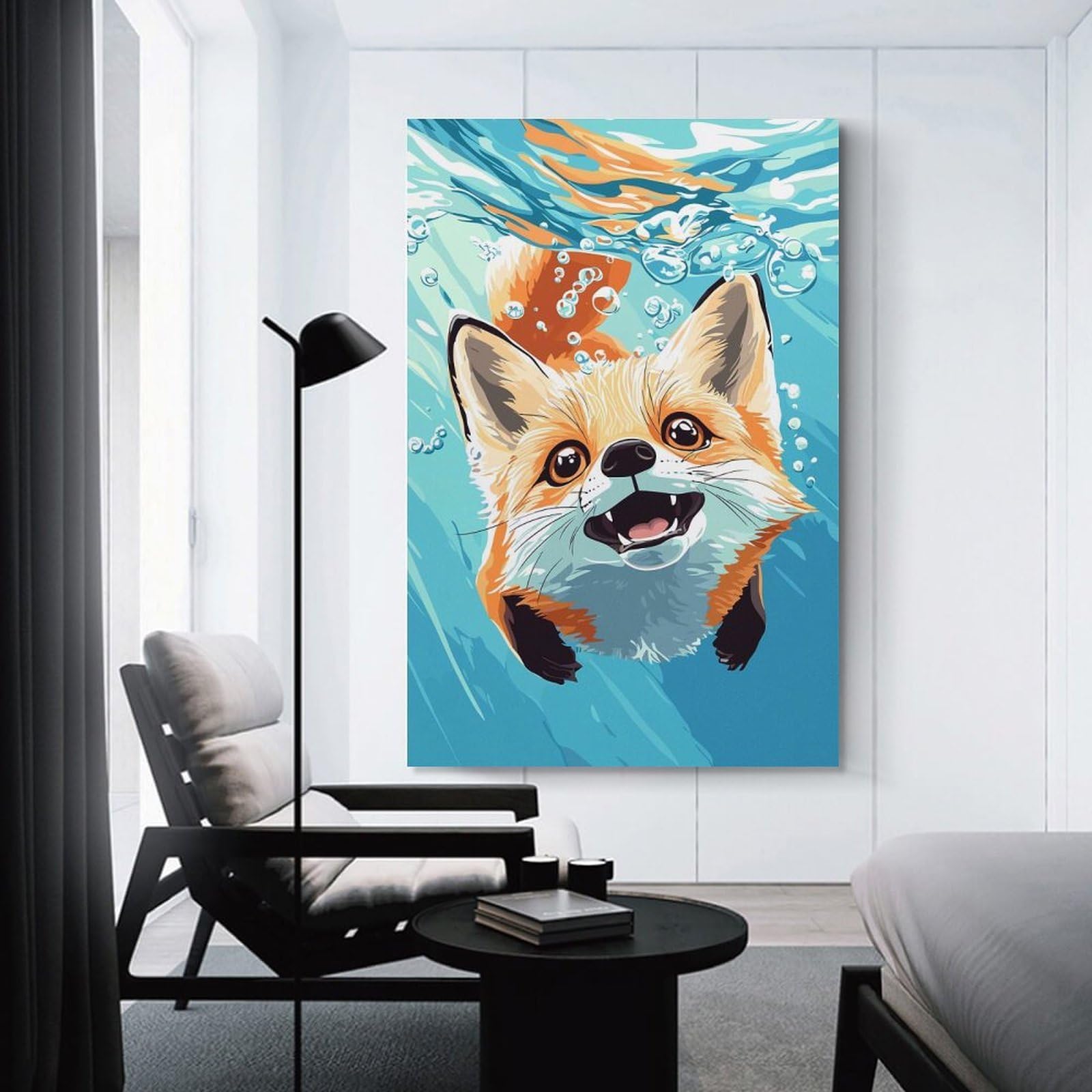 Junmoney Unframe-Style-22 Decorative Wall Artwork Fox Swimming Underwater Illustration, 24X36inch(60X90cm), For Sofa Walls, Lounge Or Home Corners, Modern Wall Decor For Cosy Interiors