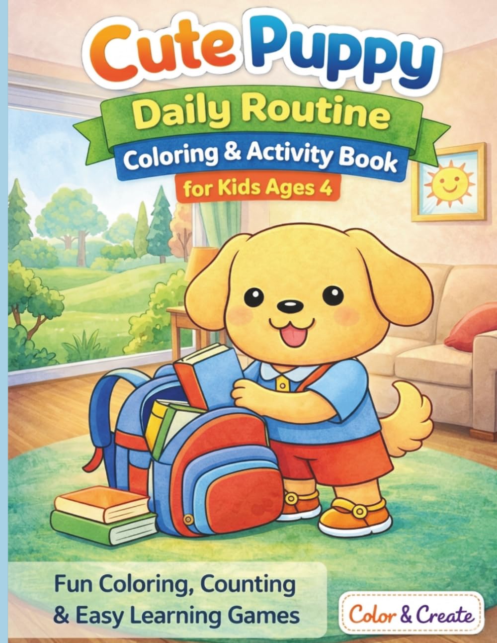 Cute Puppy Daily Routine Coloring & Activity Book for Kids Ages 4: Fun Coloring, Counting & Easy Learning Games