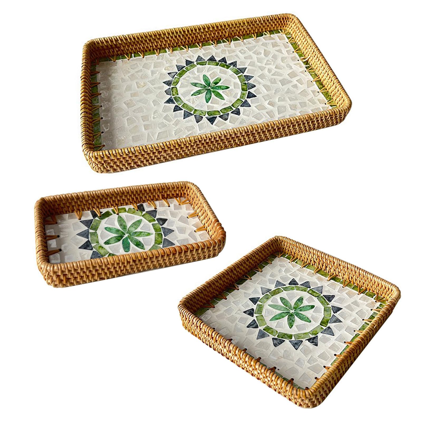 Juego de 3 bandejas cuadradas de ratán tejido con incrustaciones de nácar – Bandeja de mimbre para servir de cocina y hogar para exhibición de mesa y joyería