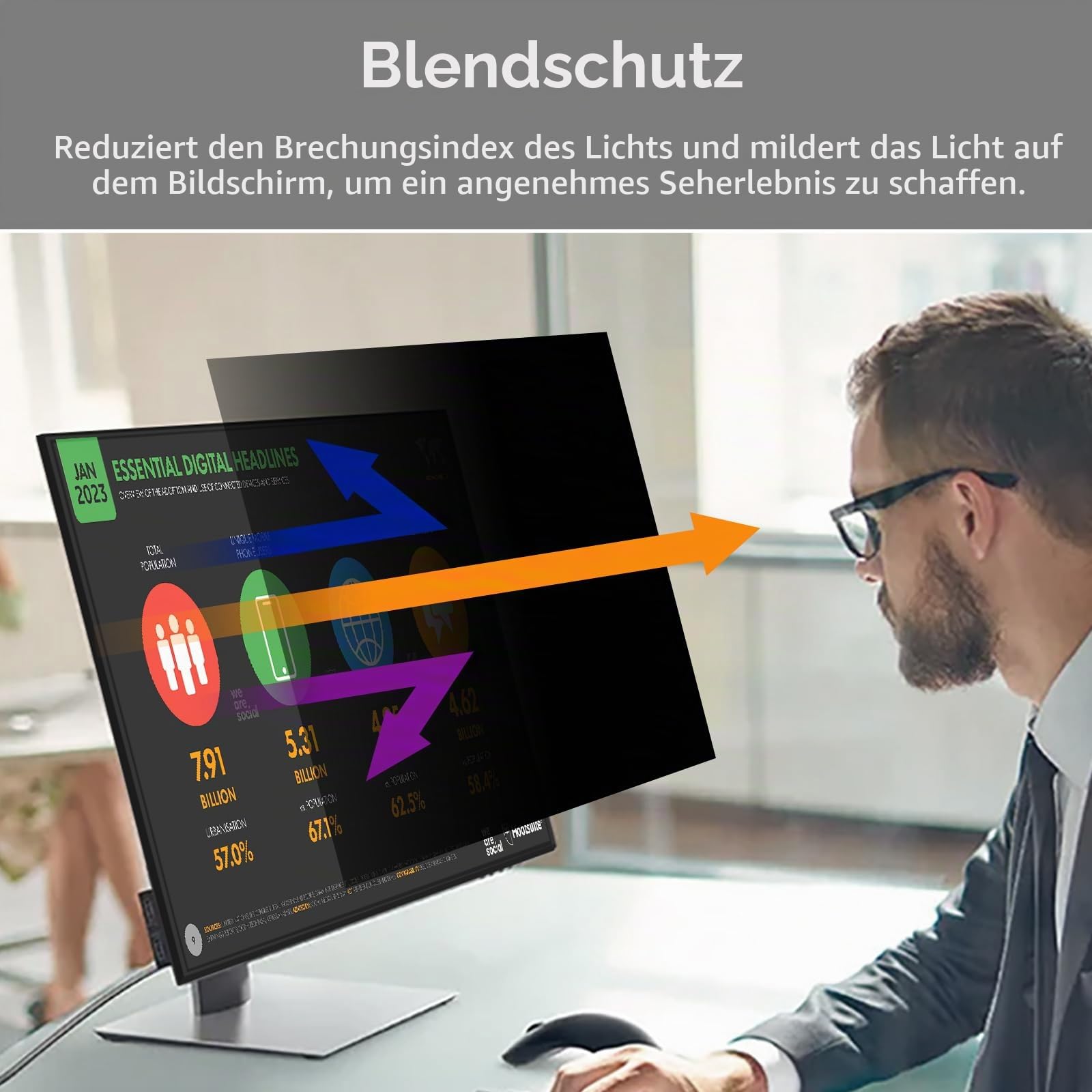 BERSEM Abnehmbarer Computer Blickschutzfolie 24 Zoll für 16:9 Monitor, Anti Glare, Blaulicht Filter, Anti-Spy, Anti-Scratch