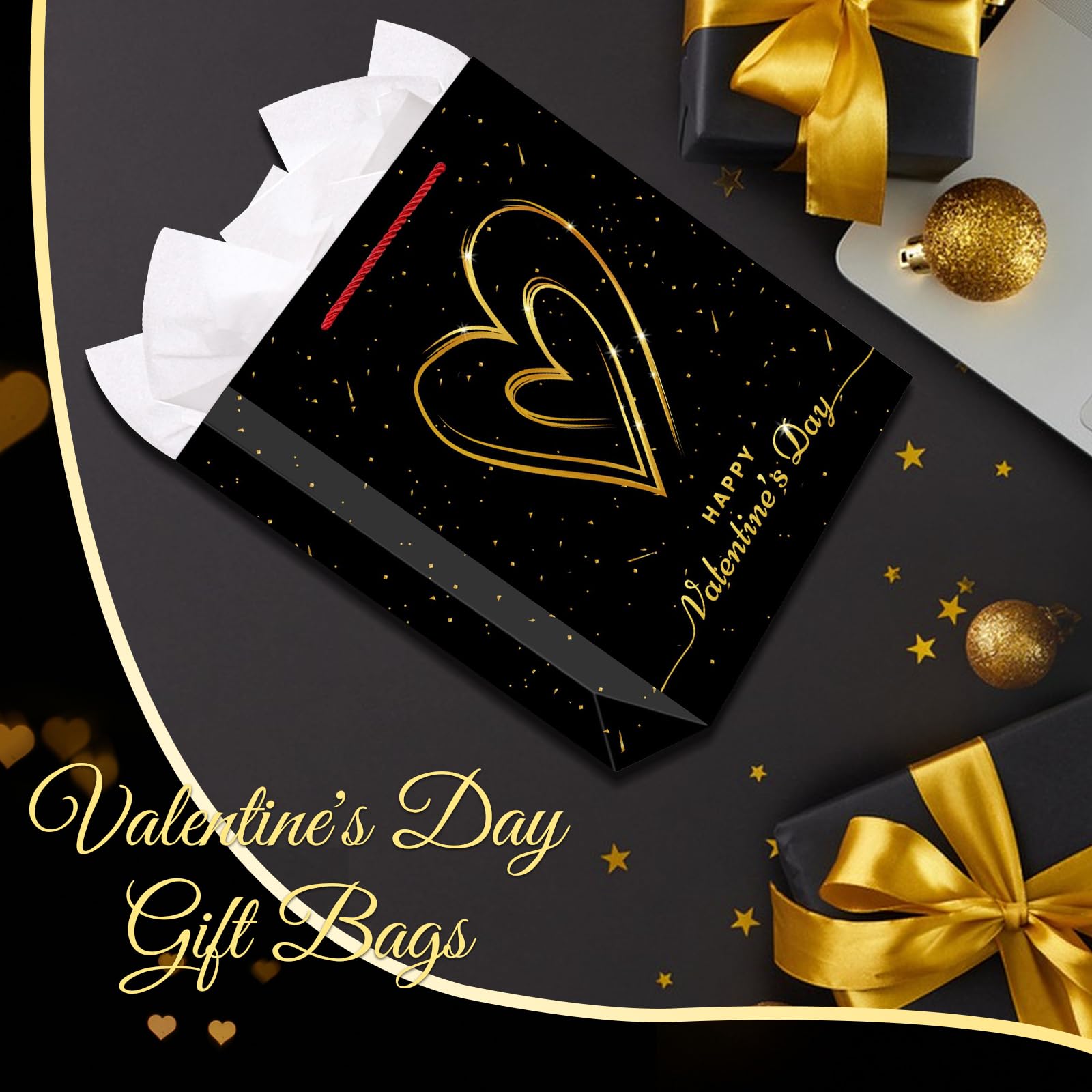 FLYAB 33 cm große Valentinstags-Geschenktüte mit Seidenpapier, Happy Valentine's Day Geschenktüte mit Griff, romantischer Jahrestag, Hochzeit, Geschenktüten für Sie, Ihn, Freundin, Freund, Ehefrau,