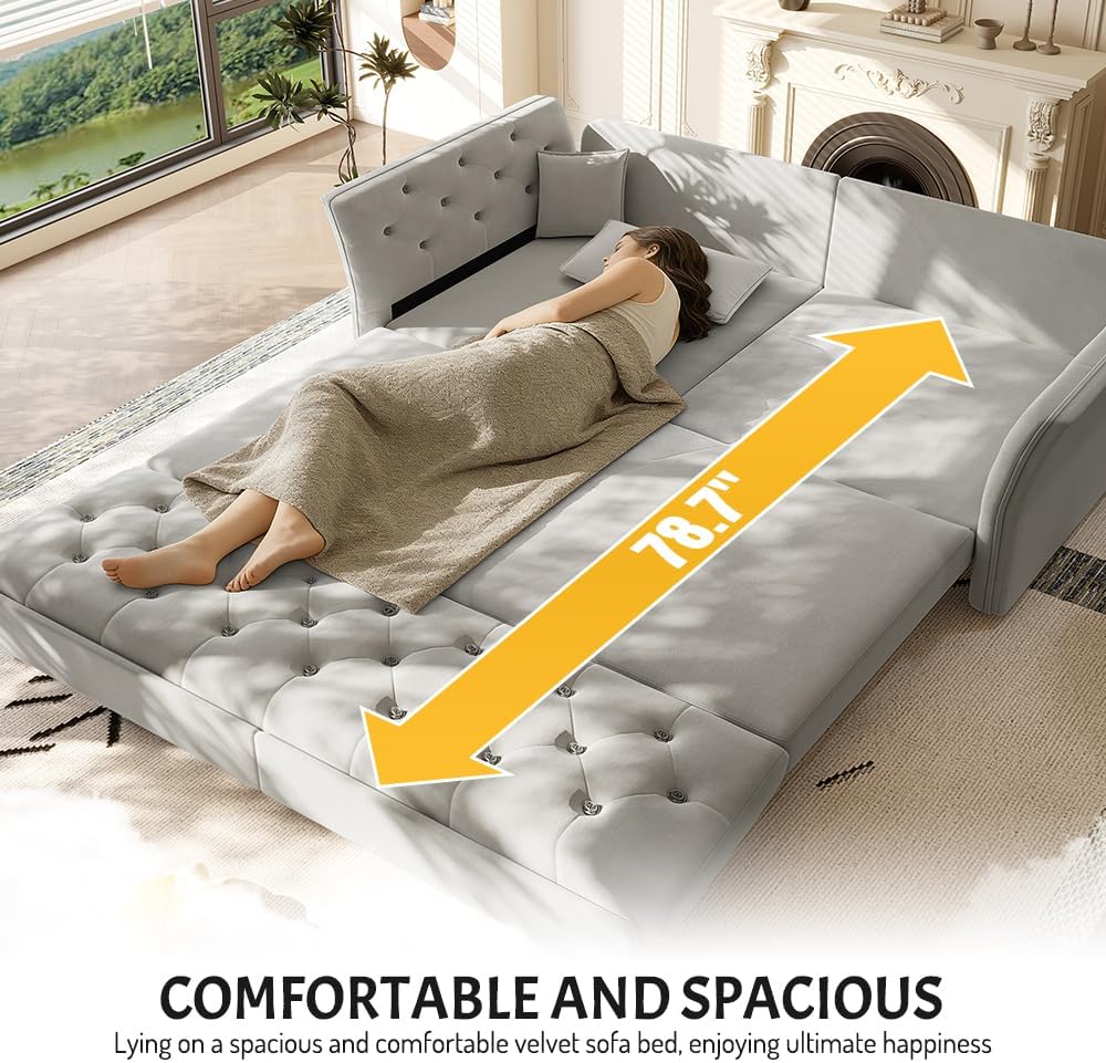 74.4" Queen Size Pull Out Sleeper Sofa Bed, 3-Seater Oversized Velvet Convertible Sofa Bed with Handmade Flower Tufted, Deep Seat Loveseat Couch with 2 Pillows, Couches for Living Room, Light Grey