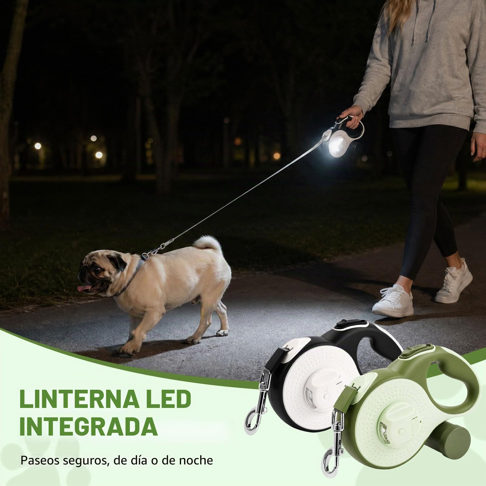 8m Correa Perro Extensible,Correa Extensible Perro,Correas para Perros,360° Antienredos,con Seguro y con Freno,Soporte para Bolsas de excrementos,para Perros de hasta 35 kg (Verde)