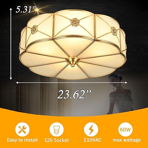 Miniatura 9 de Lámpara de techo empotrada de latón de mediados de siglo, lámpara de techo LED de latón y vidrio de 6 luces, pantalla de vidrio esmerilado, luz