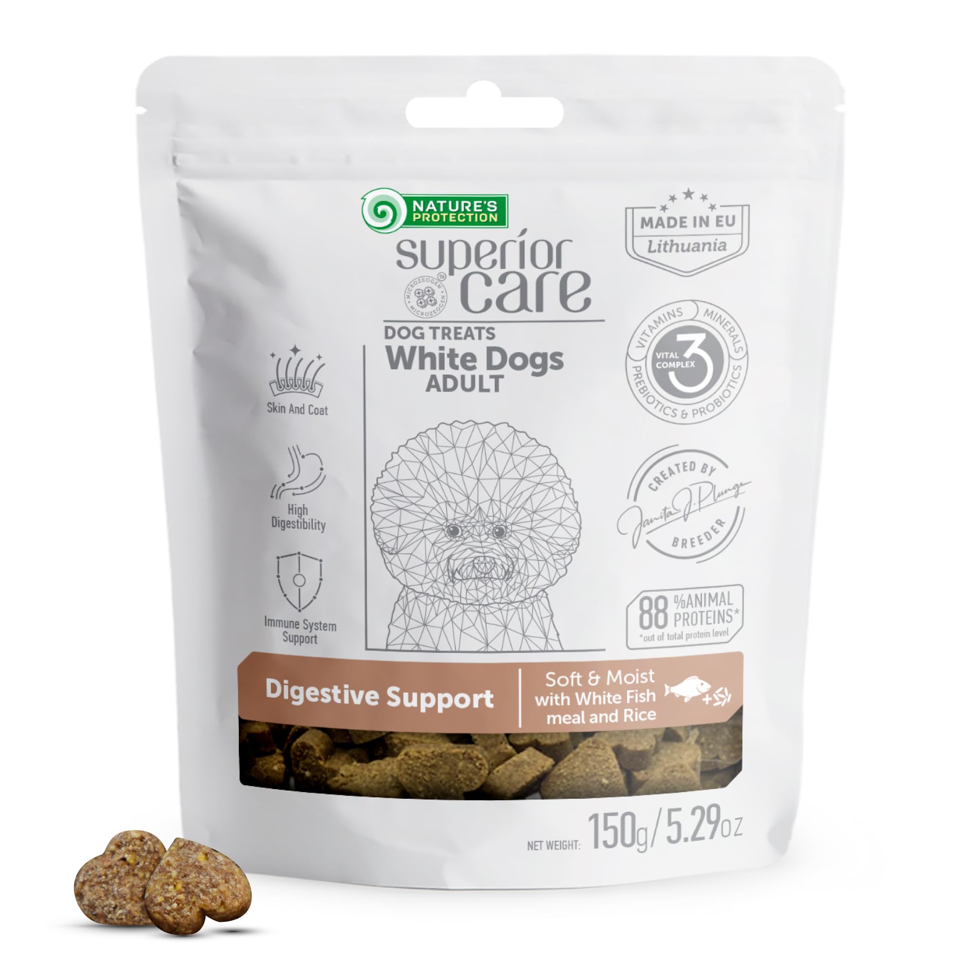 Nature's ProtectionLow Calorie Dog Treats for Training - Perfect for Small, Medium & Large Breed Dogs with Light Fur (Superior Care - White Fish & Rice, 5.29 oz)