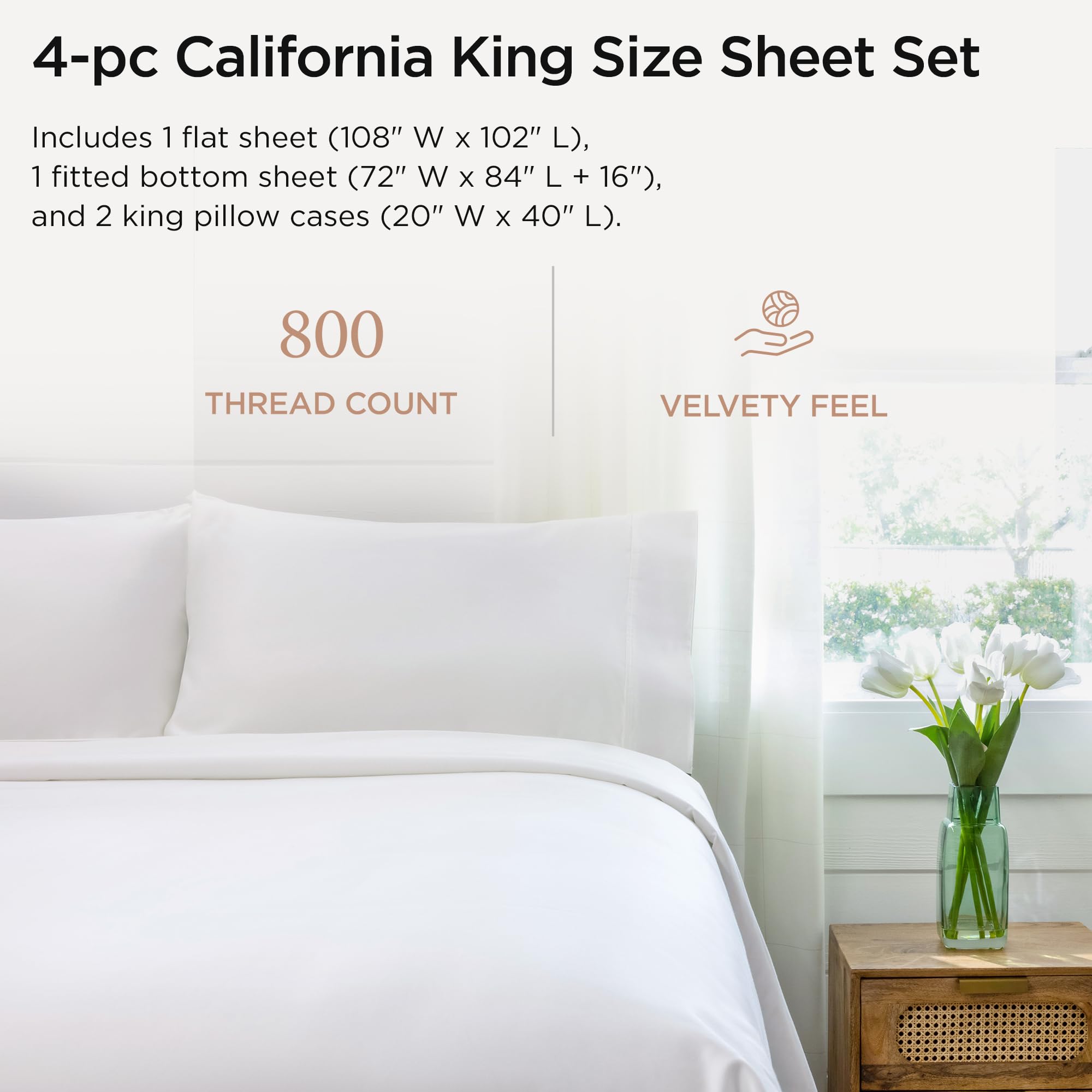 Threadmill Home Linen Cal-King Sheets - 800 Thread Count Sateen Weave, 100% Natural Cotton 4 Piece Solid Sheet Set, Extra Long Staple Cotton, Elegant Hotel White Sheets with Elasticized Deep Pocket - Image 2