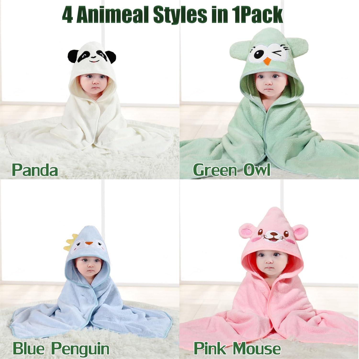 kmilro 4 Styles Hooded Baby Towels, Premium Coral Fleece Ultra Soft Absorbent 32 x 32 Inch Unisex Baby Bath Towel for Newborns, Toddlers, and Kids, Natural Baby Stuff Towel with Hood for Boy and Girl
