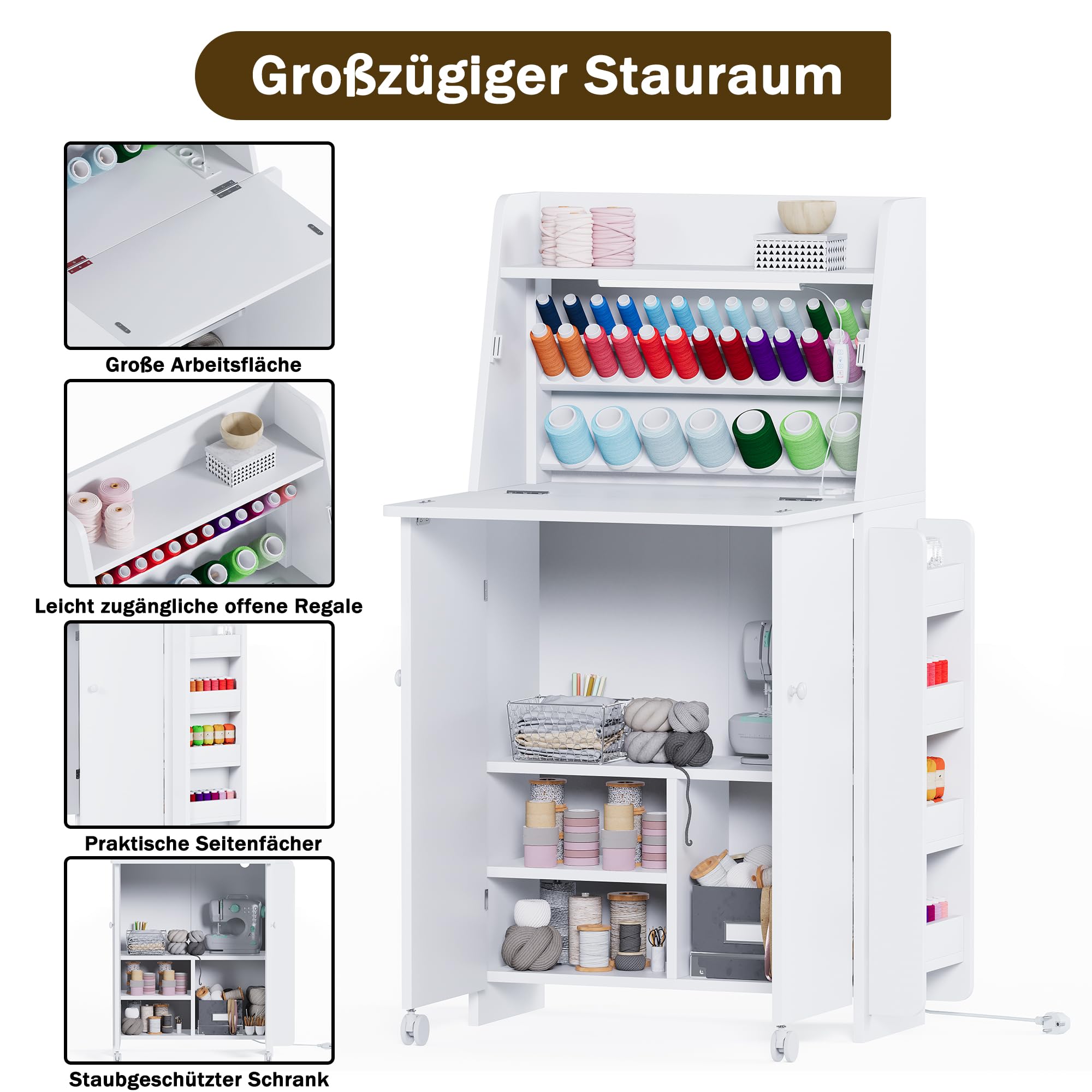 LED Nähtisch klappbar mit 33-Fach Garnhalter & 2 Steckdosen, USB+Typ-C Nähmaschinenschrank mit viel Stauraum, Mobiler Nähmaschinentisch auf Rollen, Platzsparender Basteltisch für Nähzubehör
