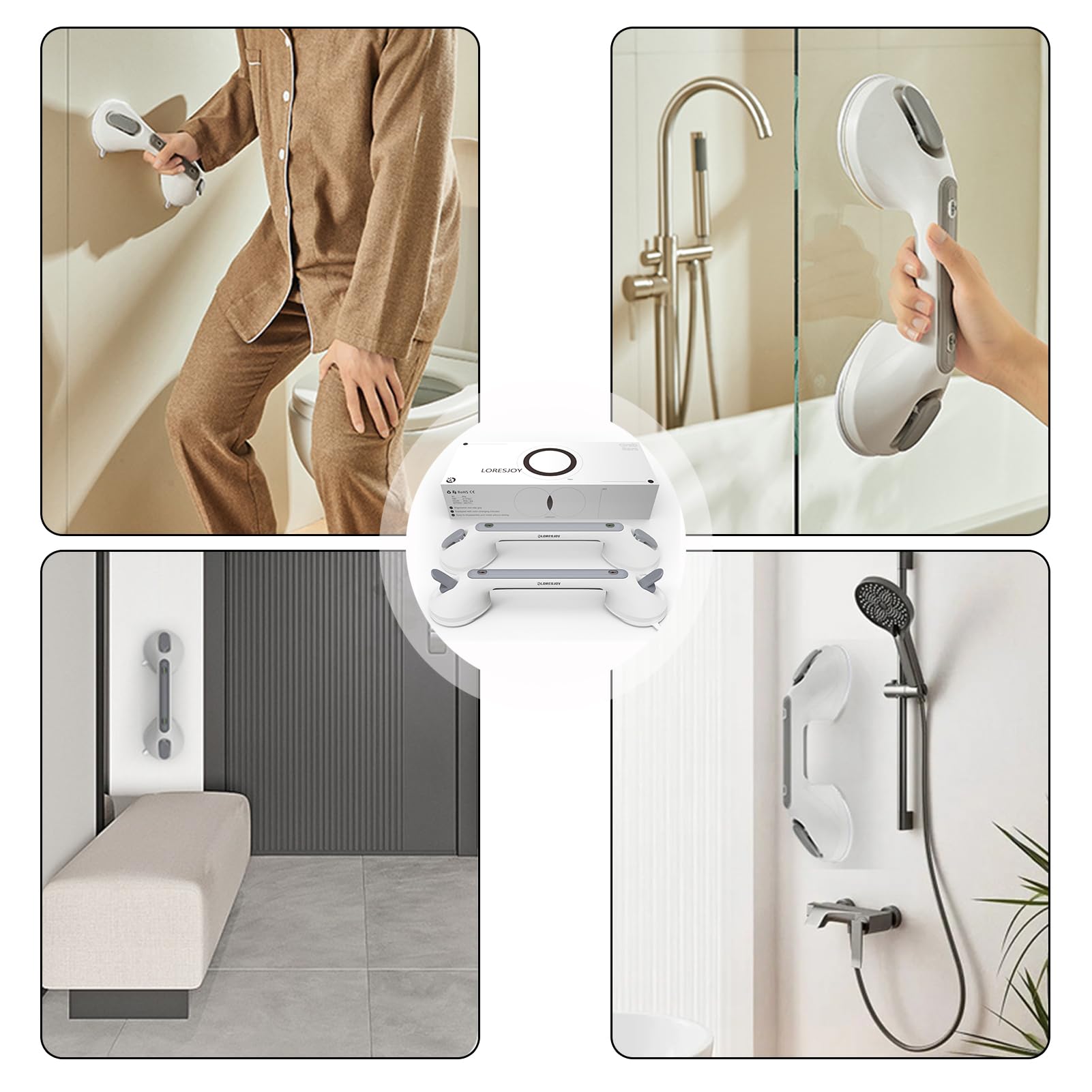 2pcs 16in Poignée de Baignoire, Poignée pour Salle, Barres d‘appui de Salle, Poignée de Douche, Poignée de Bain pour Personnes Âgées, Sans Perçage, pour Baignoire, Douche, Enfants et Seniors