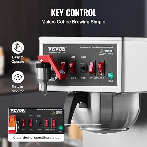 Miniatura 4 de VEVOR Cafetera de goteo comercial de 12 tazas, cafetera con 3 jarras de vidrio y 3 platos calentadores, cafetera de acero inoxidable con entrada