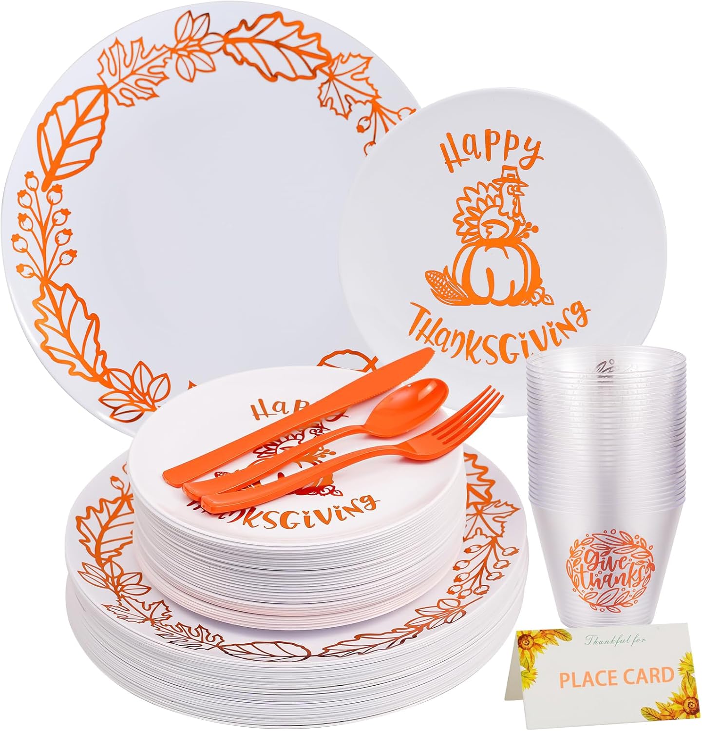 175pcs Plastic Thanksgiving Dinnerware Set for 25 Guests, 25 Disposable White Dinner Plates 10.25", 25 Gold Turkey Pumpkin Dessert Plates, 75 Orange Silverware, 25 Cups and Table Cards