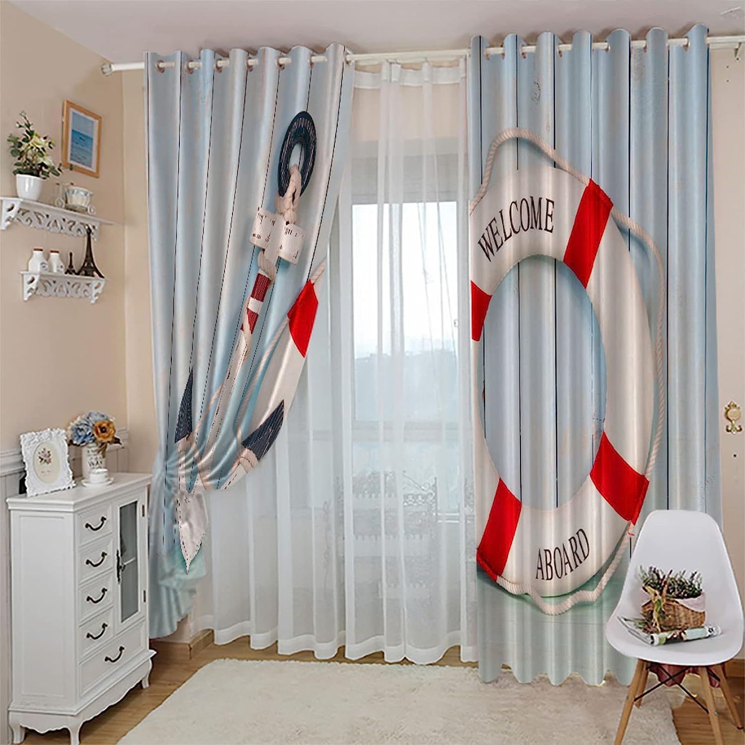 Cortina Opaca para Habitación De Los Niños, Boya Salvavidas Ancla Blanca Diseño 3D, Opaca, con Ojales, Cortinas Opacas E Insonorizadas, 2 Pieza Adecuado para Dormitorio/Cocina 280 X 250 Cm-0D9C/Y6J