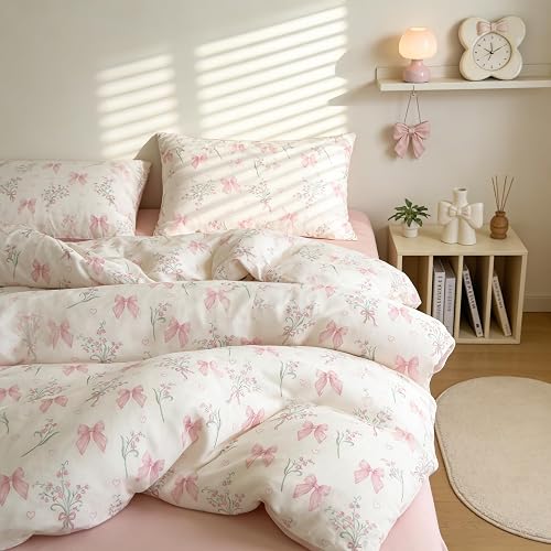 Sedefen Floral Duvet Cover Queen Size Pink White Bow Bedding Set with Flower 3 P