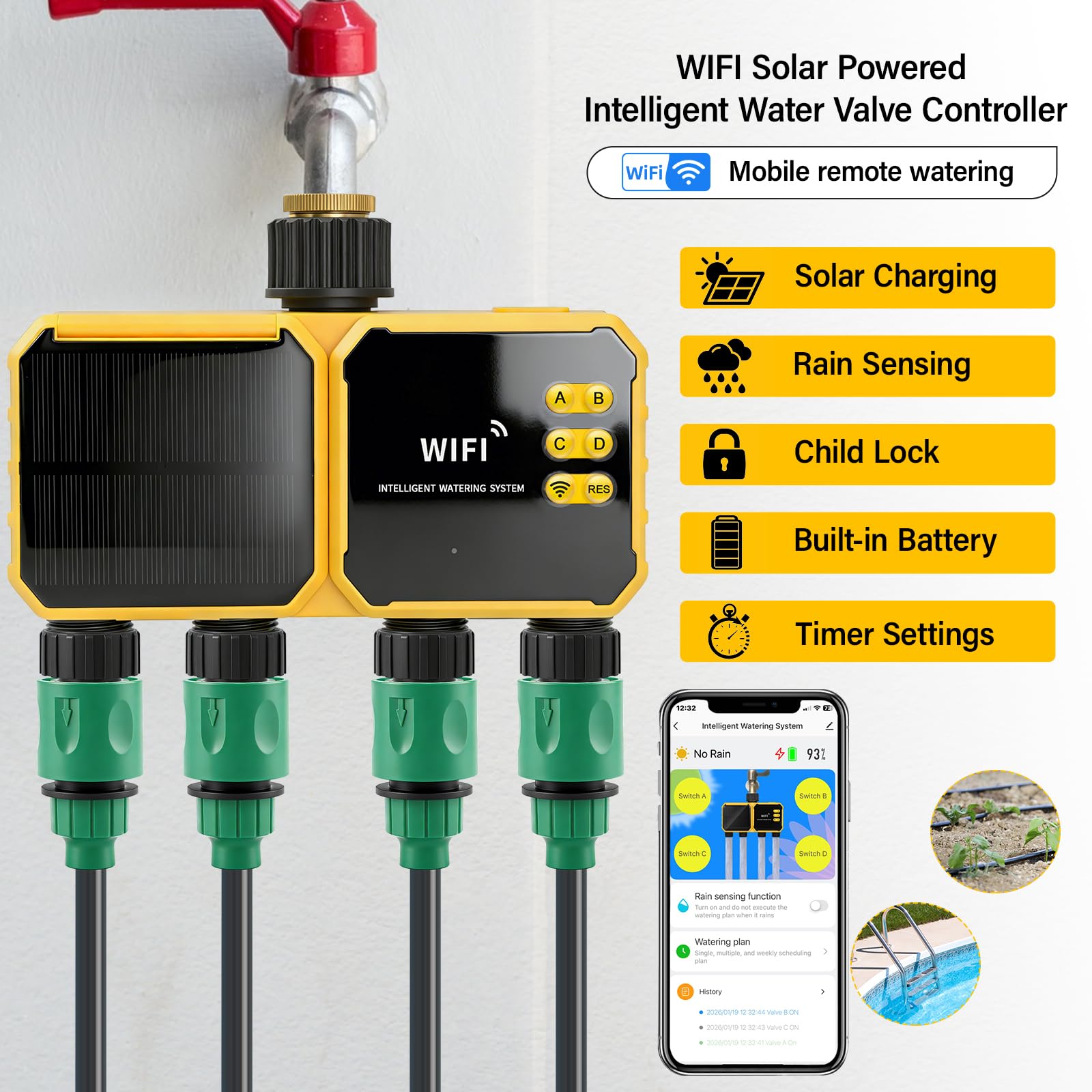 Timer di irrigazione solare WiFi con sensore di pioggia, regolatore intelligente dell'acqua per esterni, ingresso / uscita filettatura imperiale G3/4", telecomando APP, solare e ricaricabile USB-C per