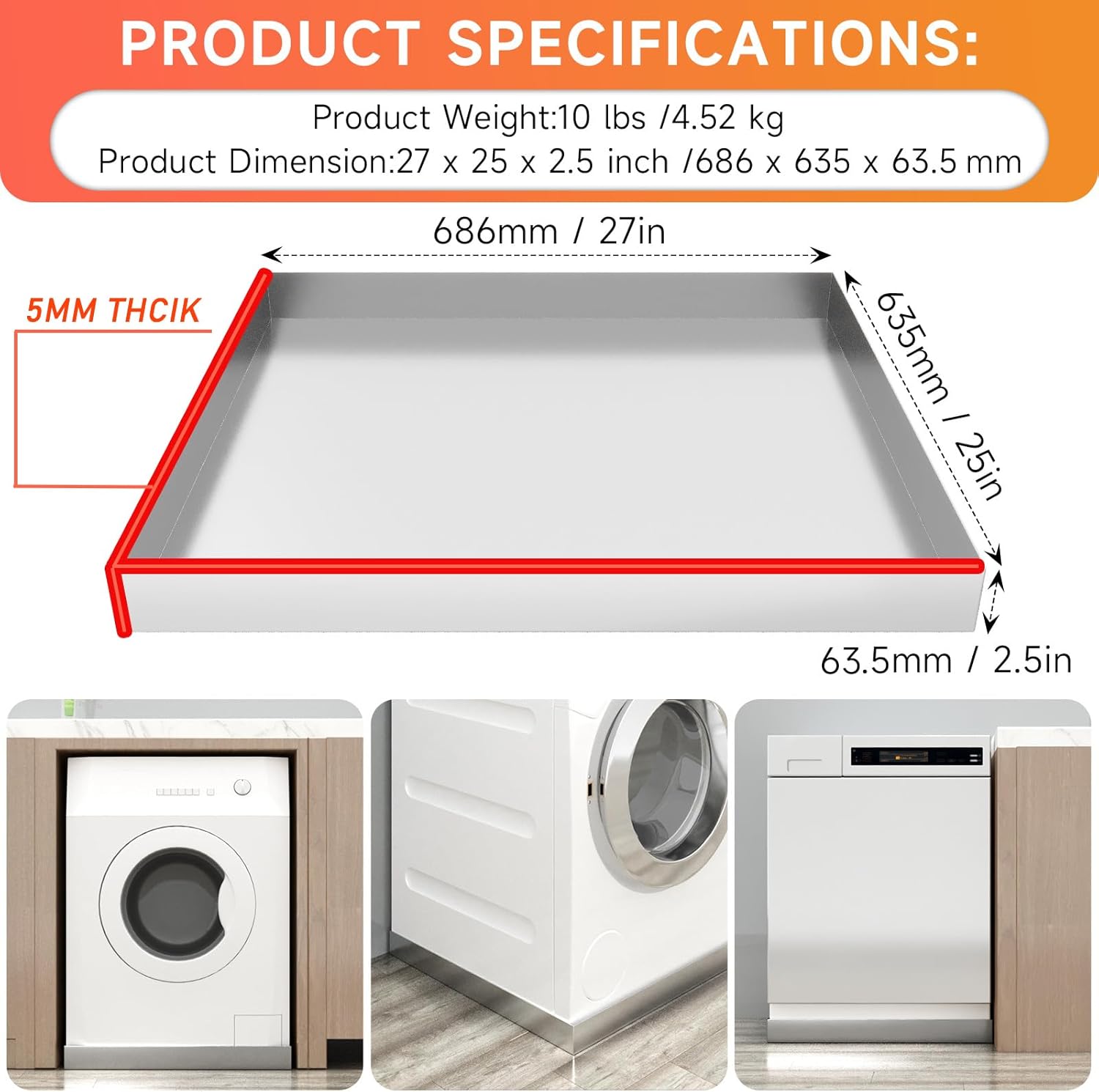 Washing Machine Pan-27" x 25" x 2.5" Heavy Duty 304 Stainless Steel Washing Machine Tray, Washer Pan, Washing Drain Pan, Protecting The Floor, Wood Deck, No Hole