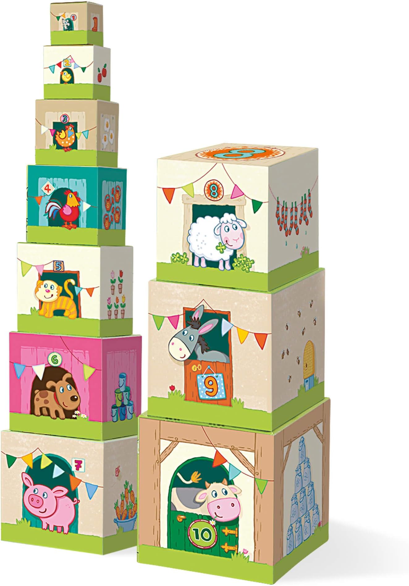 HABA On the Farm Sturdy Cardboard Nesting & Stacking Cubes - Reinforcing Numbers 1 to 10