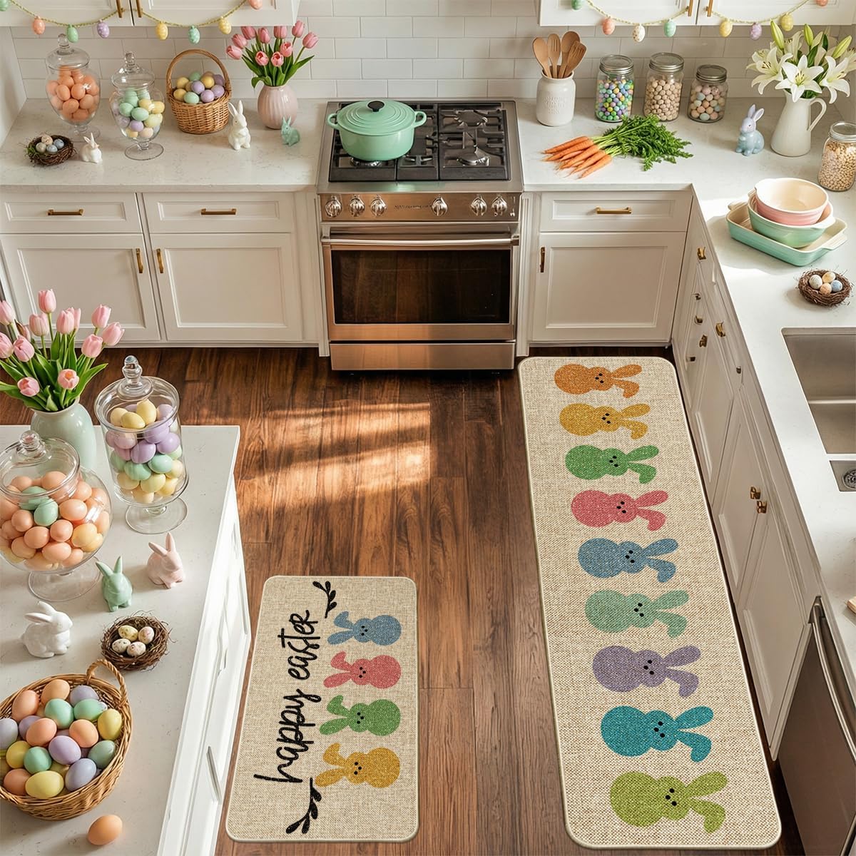 Artoid Mode Happy Easter Rabbits Decorative Kitchen Mats Set of 2, Home Seasonal Spring Easter Holiday Holiday Party Low-Profile Floor Mat - 17x29 and 17x59 Inch
