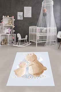 Pelangi Sevimli Ayıcıklar Desenli Çiçekli Dijital Baskılı Kaymaz Yıkanabilir Leke Tutmaz Çocuk Odası Halısı, mavi 80 x 350
