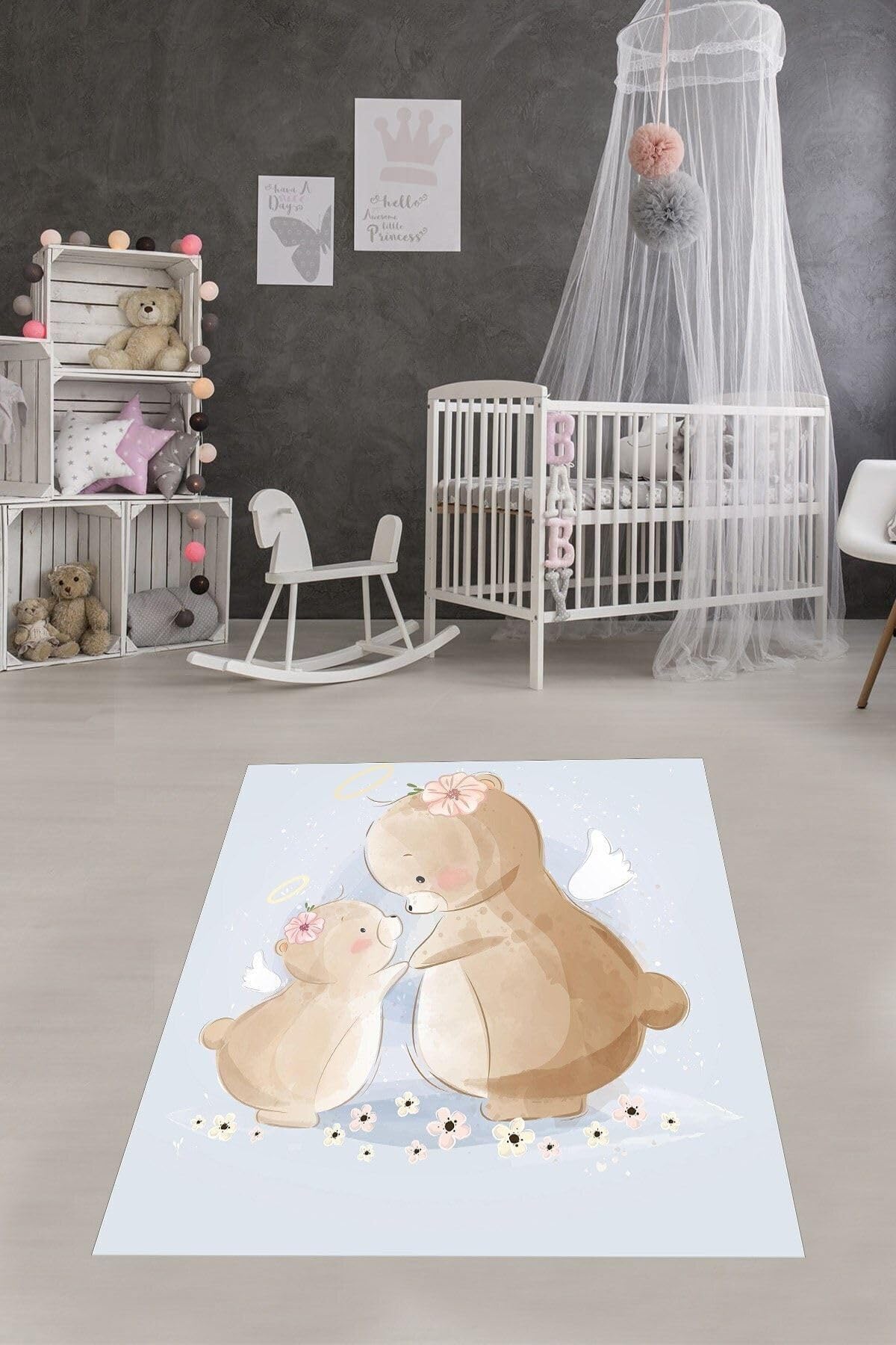 Pelangi Sevimli Ayıcıklar Desenli Çiçekli Dijital Baskılı Kaymaz Yıkanabilir Leke Tutmaz Çocuk Odası Halısı, mavi 80 x 350