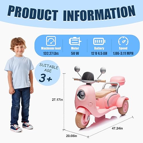 Miniatura 2 de Bluefun Motocicleta eléctrica para niños de 3 ruedas de 12 V con maletero de almacenamiento, juguete de 2 plazas con reproductor de música y luces