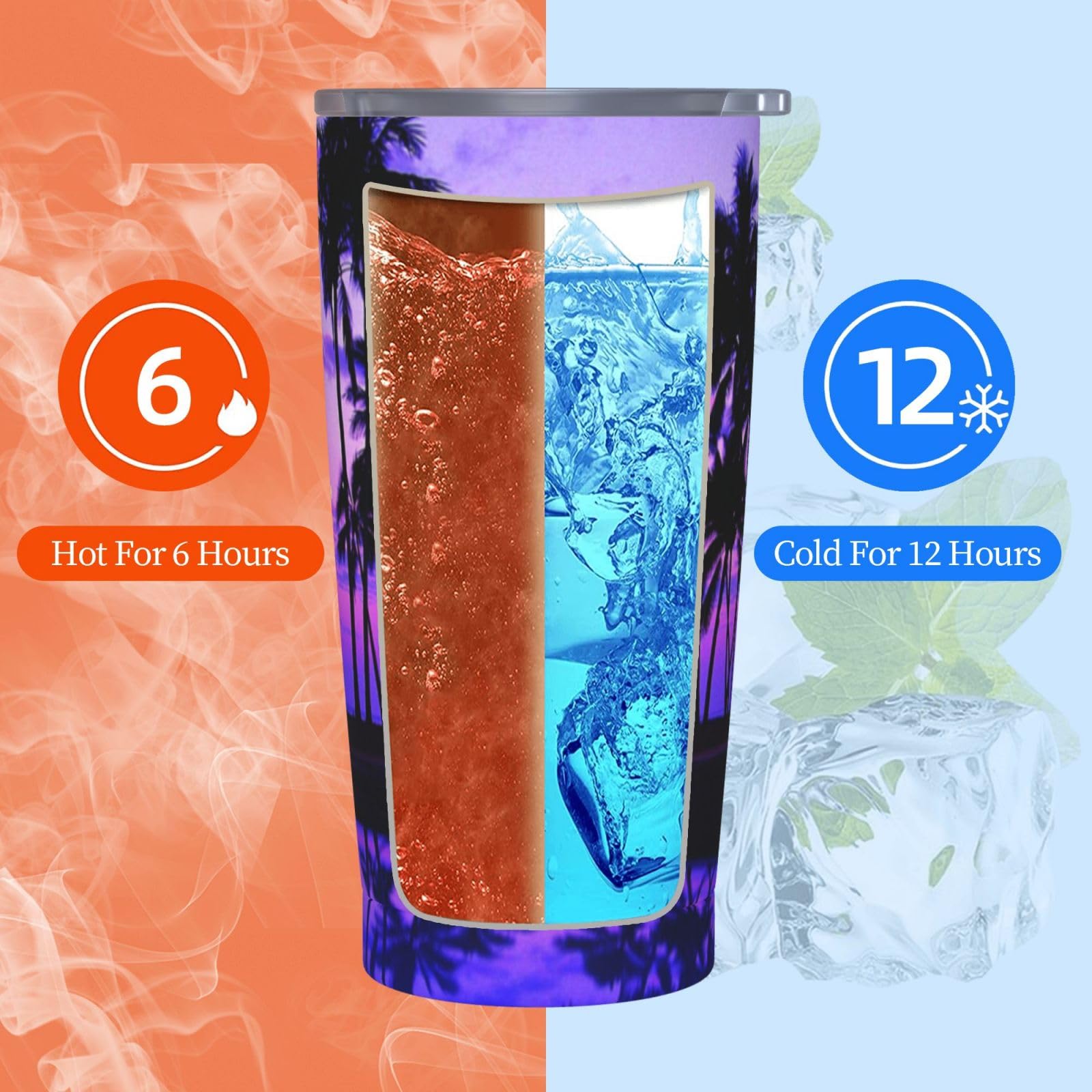 Tazza termica portatile con stampa tramonto viola con palma in acciaio inox