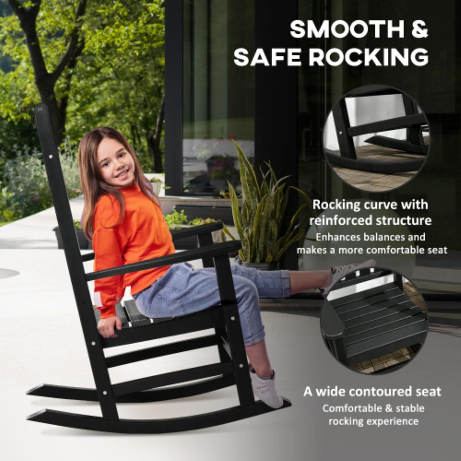 Outdoor Wooden Rocking Chair, Lounge Chair, Rustic High Back, Armrests, Oversized Seat and Slatted Back, Patio Folding Lawn Rocking Chair Set for Garden, Patio, Balcony