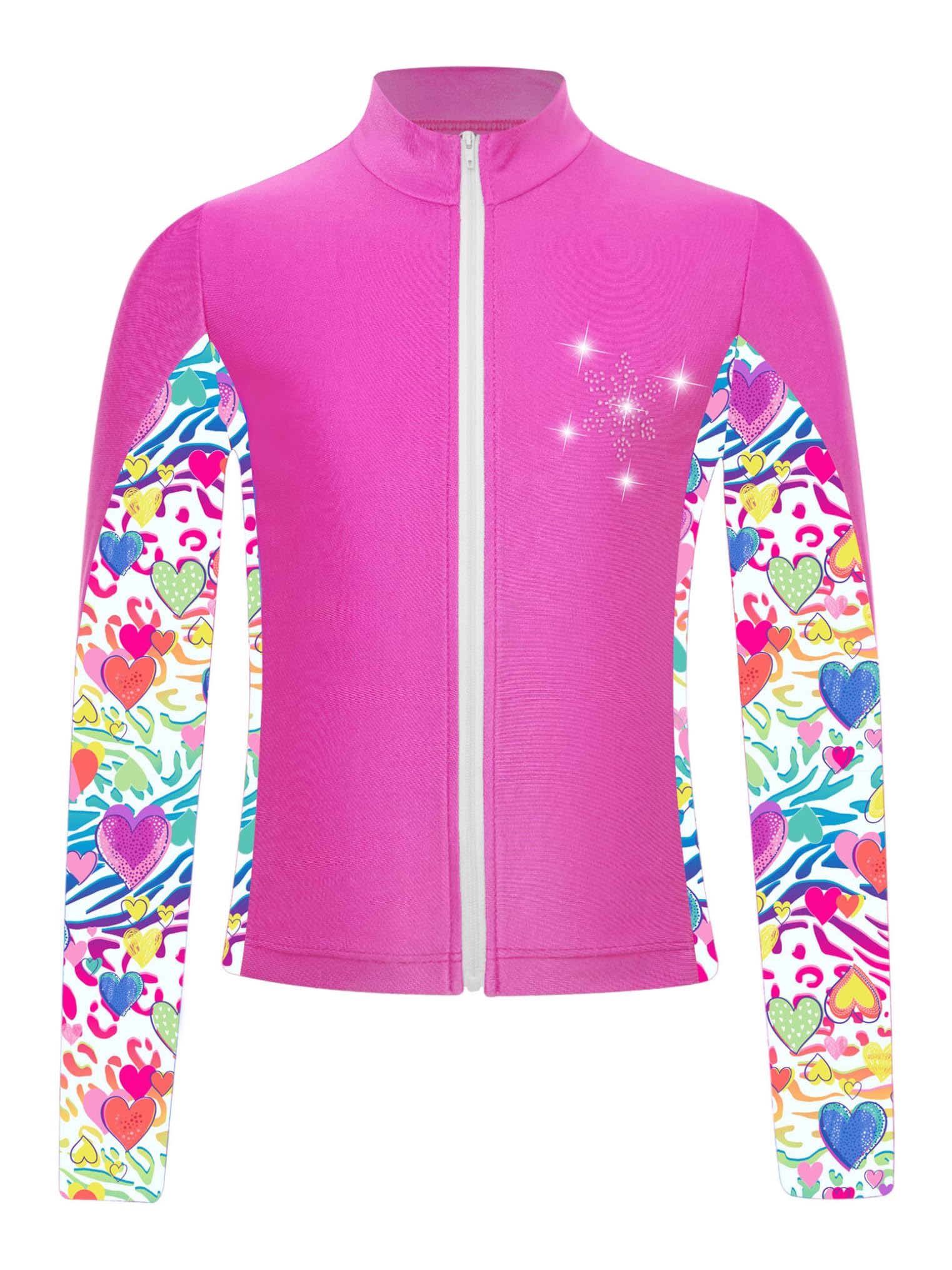 YEAHDOR Kids Girls Athletic Sport Jacket Zipper Figure Ice Skating Training Top Long Sleeve Sparkly Rhinestone Coat Hot Pink 4 Years