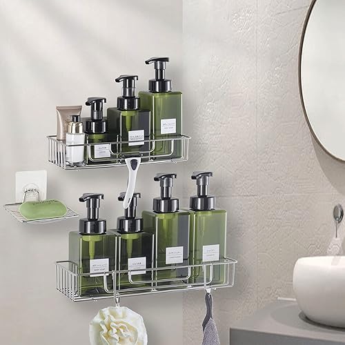 Miniatura 2 de YSJHHJLL Cesta de ducha con jabonera y ganchos, sin taladrar adhesivo sin rastro organizador de almacenamiento de ducha, no se oxida, nunca se