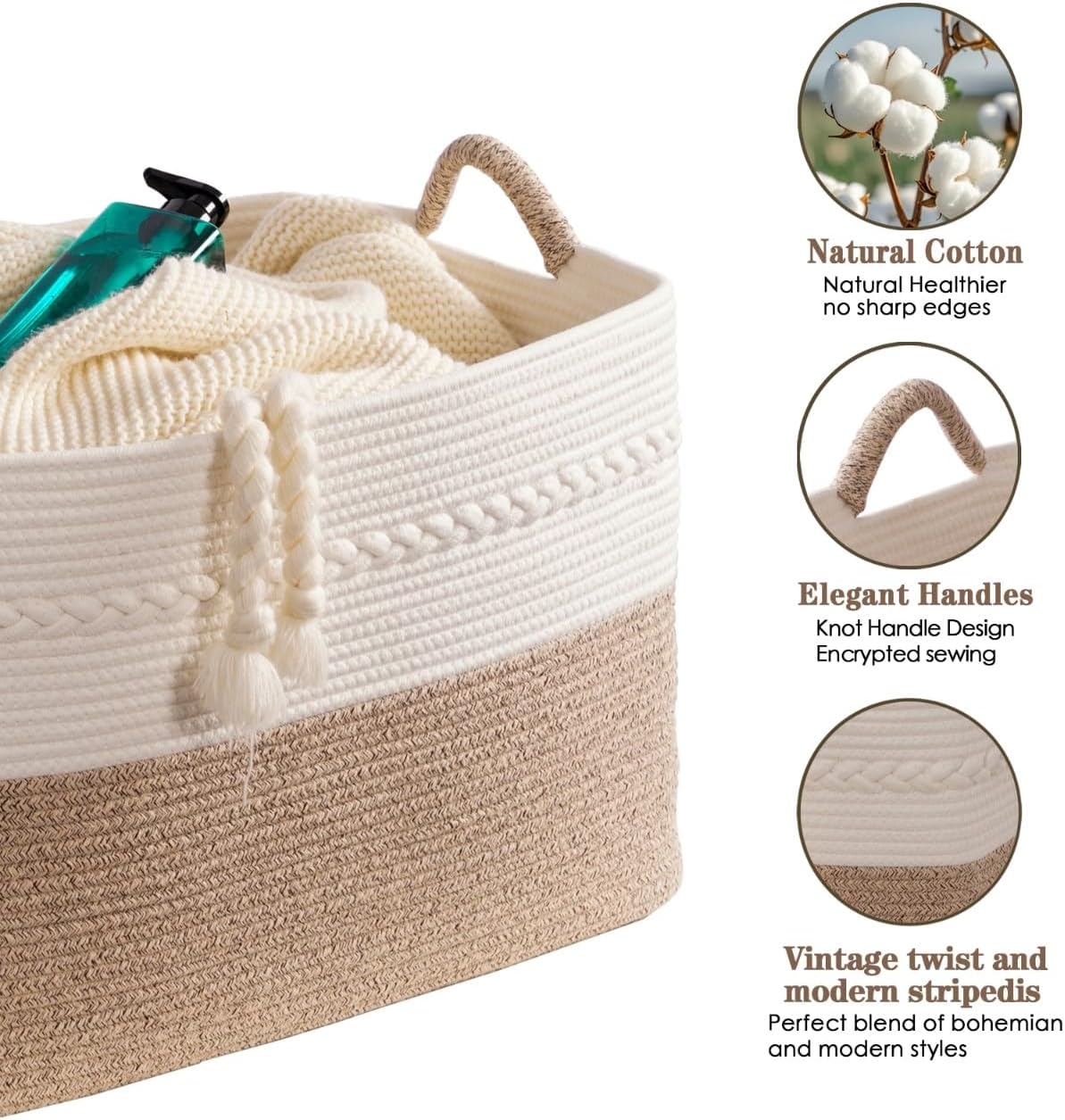 Decorative laundry basket with handles woven from natural cotton rope storage blankets for living room cute boho quilted gift baskets for clothes pillows toys 20"x14"x10",white/brown - Image 4