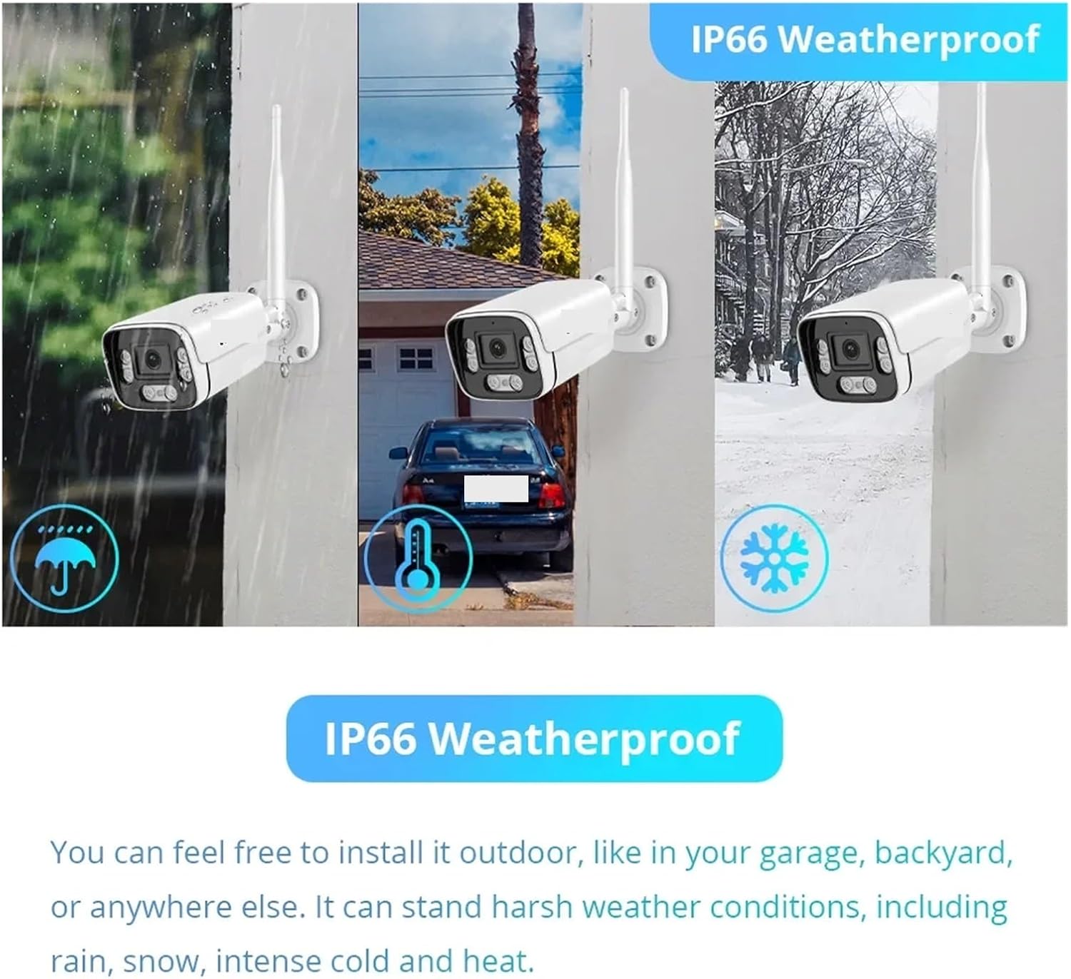FJZKTEG 5MP IP Security Camera shown in various weather conditions: rain, snow, and heat, emphasizing its IP66 weatherproof rating.
