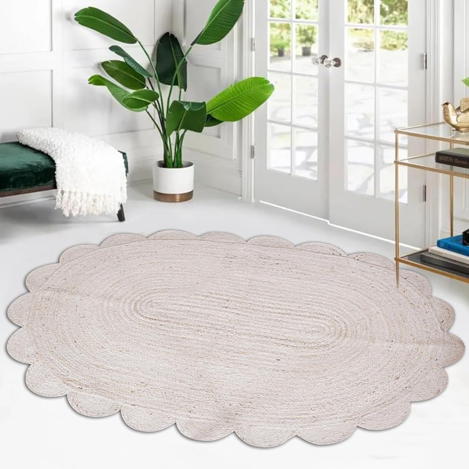 Mrida Weave Handwoven Scalloped Jute Area Rug – Natural Floor Carpet Mat for Living Room, Bedroom, Dining & Entryway Home Décor- 6x9 Feet Oval (183 cmx274 cm) - White