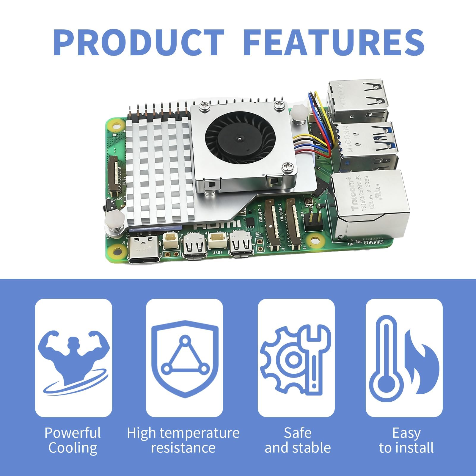 Aktywny wentylator z radiatorem do Raspberry Pi 5, wydajne i ciche chłodzenie procesora, blok aluminiowy i podkładka termiczna, sterowanie PWM do optymalizacji (5V)