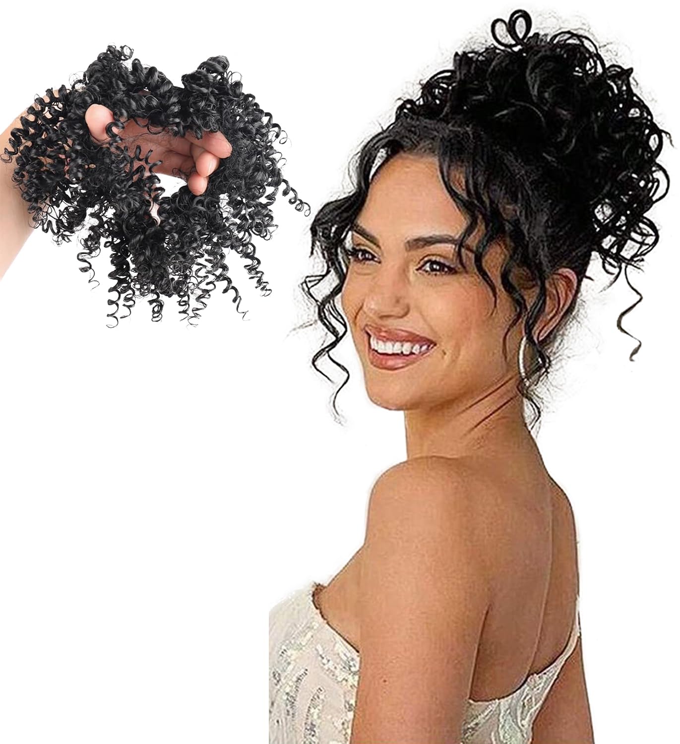 human hair messy bun scrunchie kinky curly hairpiece extension for women with natural black updo hair chignon with elastic band soft & breathable for daily use-image-26