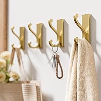Vista 2 de 4 Pack Self Adhesive Coat Hooks - Gold Sticky Hangers Wall Mount, Holds 13Lbs for Clothes, Towel, Robes, Keys, Double Hooks for Bathroom, Bedroom