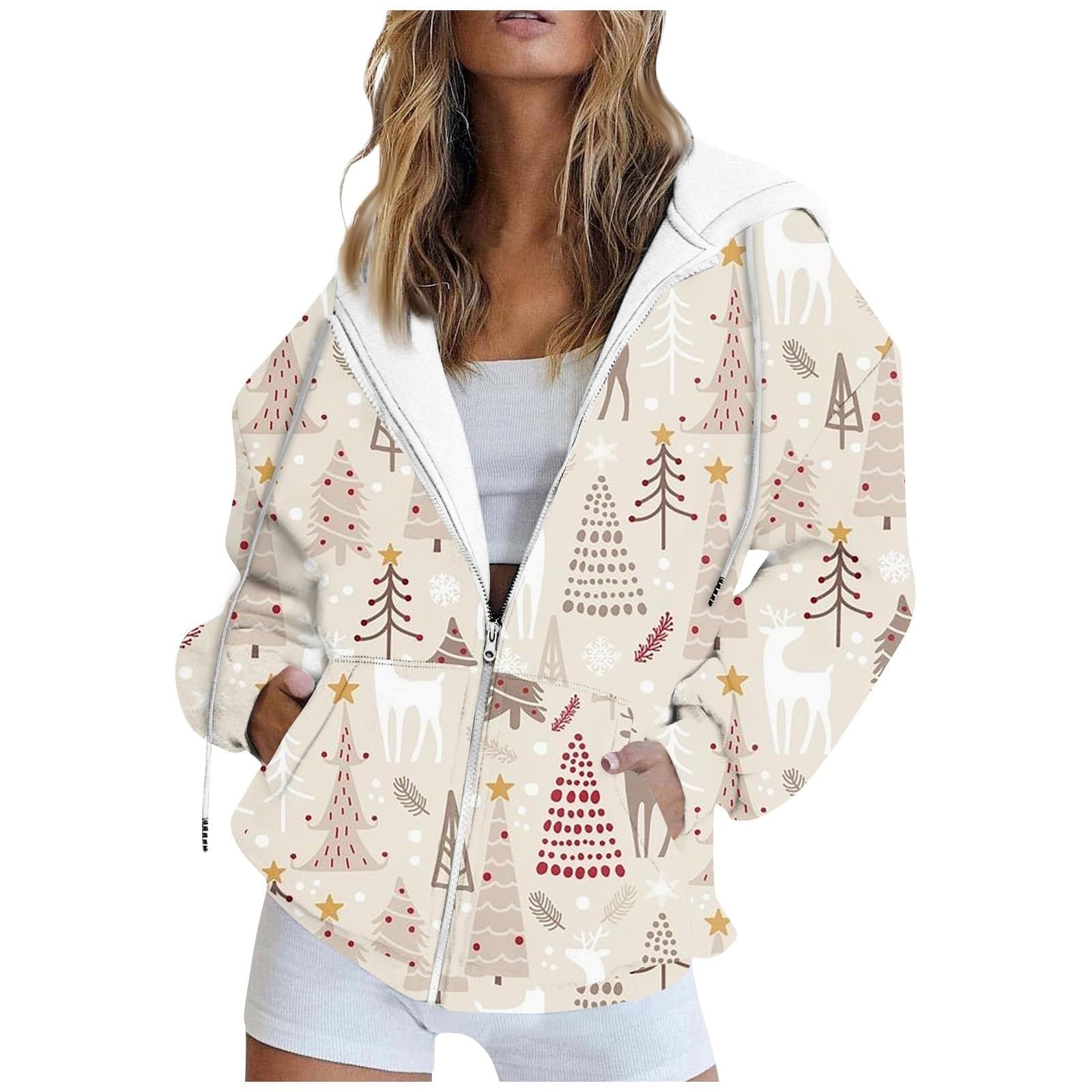 Button Down Hoodie for Women Crew Neck Long Sleeve Christmas Hoodie Sweatshirts Loose Outerwear Women Hoodies
