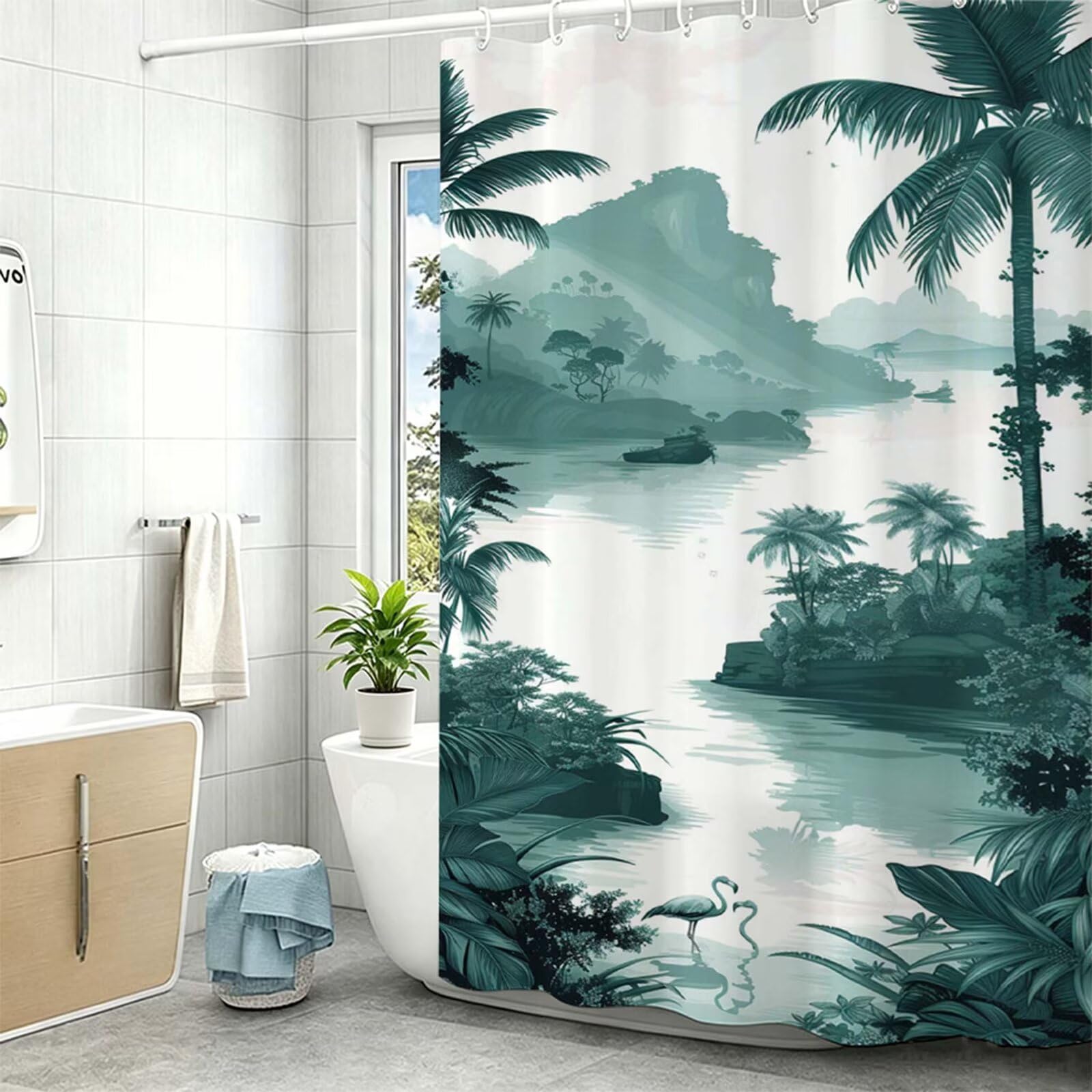 Tenda da Doccia Verde scuro paesaggio,Tenda Doccia 230x180cm,Shower Curtain Lavabile in Lavatrice con Orlo Ponderato 12 Ganci,Impermeabile Tende Vasca da Bagno Lavabile Poliestere per Salle Bain Z-423