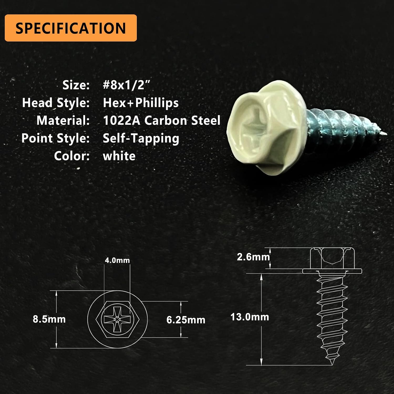 #8 x 1/2" Self-Tapping Gutter Screws White Painted Hex Head Zinc Plated Finish, 100 Pieces, 1/4" Magnetic Driver Included