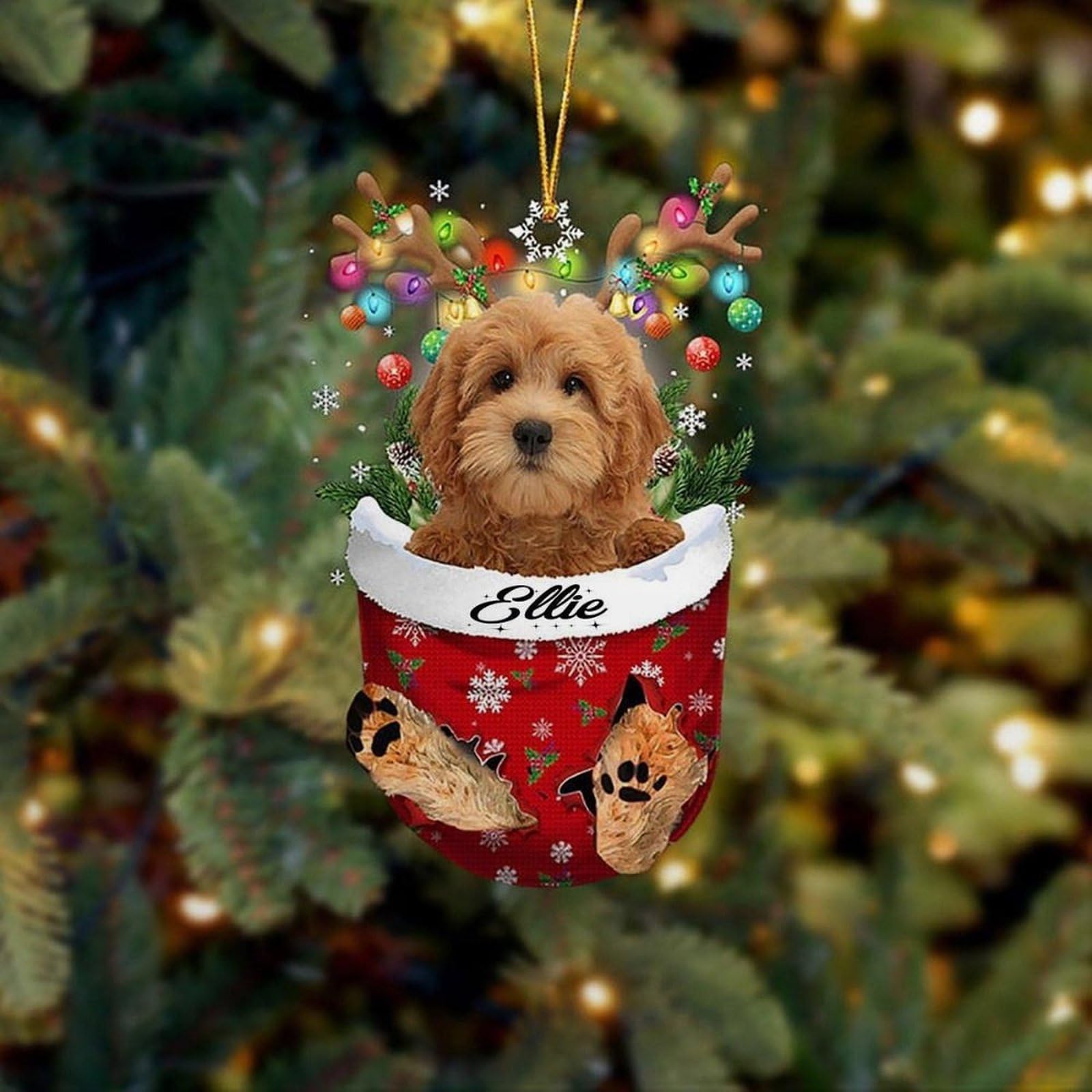 Luckluccy Goldendoodle 119 Red Goldendoodle In Snow Pocket Christmas Ornament Flat Acrylic Dog Ornament,Christmas Tree Hanging Décor Ornament