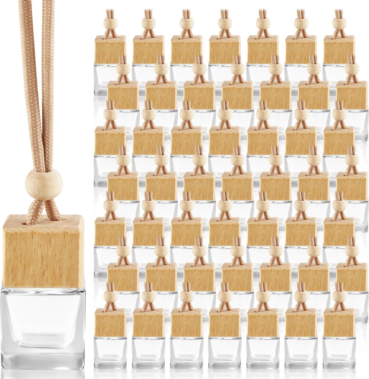 50 Pcs 8ml Hanging Car Air Freshener Diffuser Bottles,Empty Glass Perfume Ornament Bottle Essential Oil Freshener Diffuser Fragrance Pendant Glass Vials with Wooden Caps & Hanging String (Square)