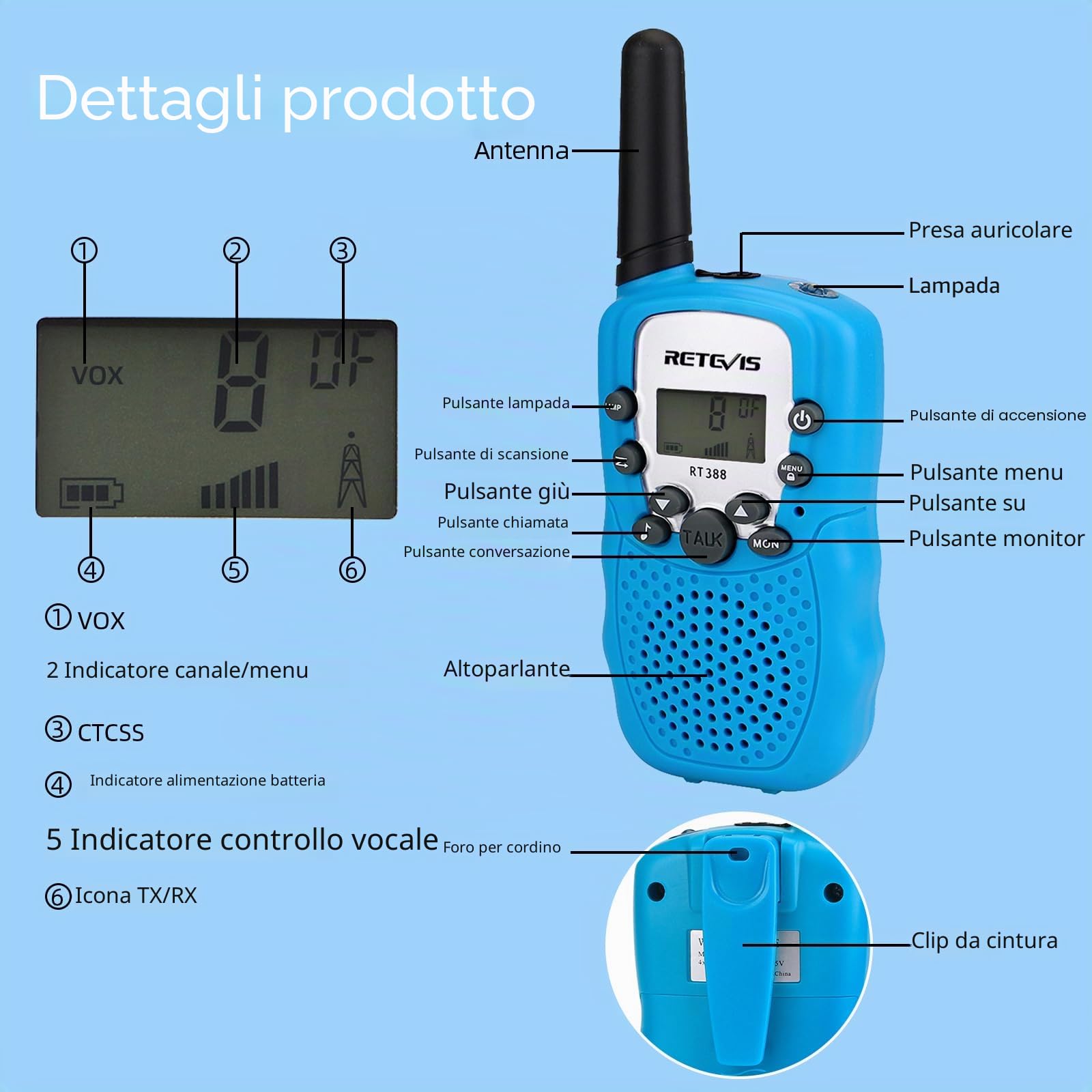 Retevis RT388 Walkie Talkie Bambini PMR446 8 Canali VOX Torcia 10 Toni Chiamata Blu 1 Coppia