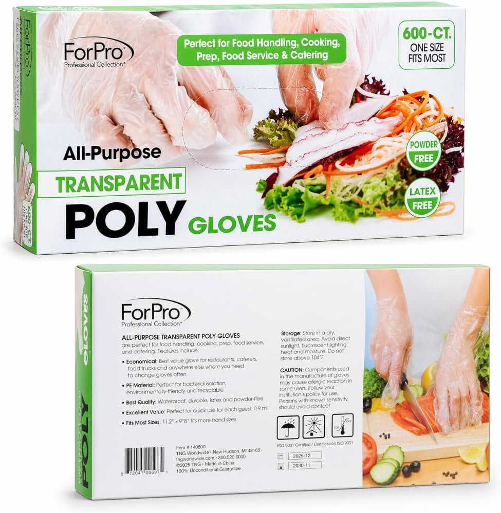 ForPro Disposable Poly Plastic Gloves, Food-Grade, BPA/Latex/Powder-Free, Lightweight, One Size, Ideal For Cooking