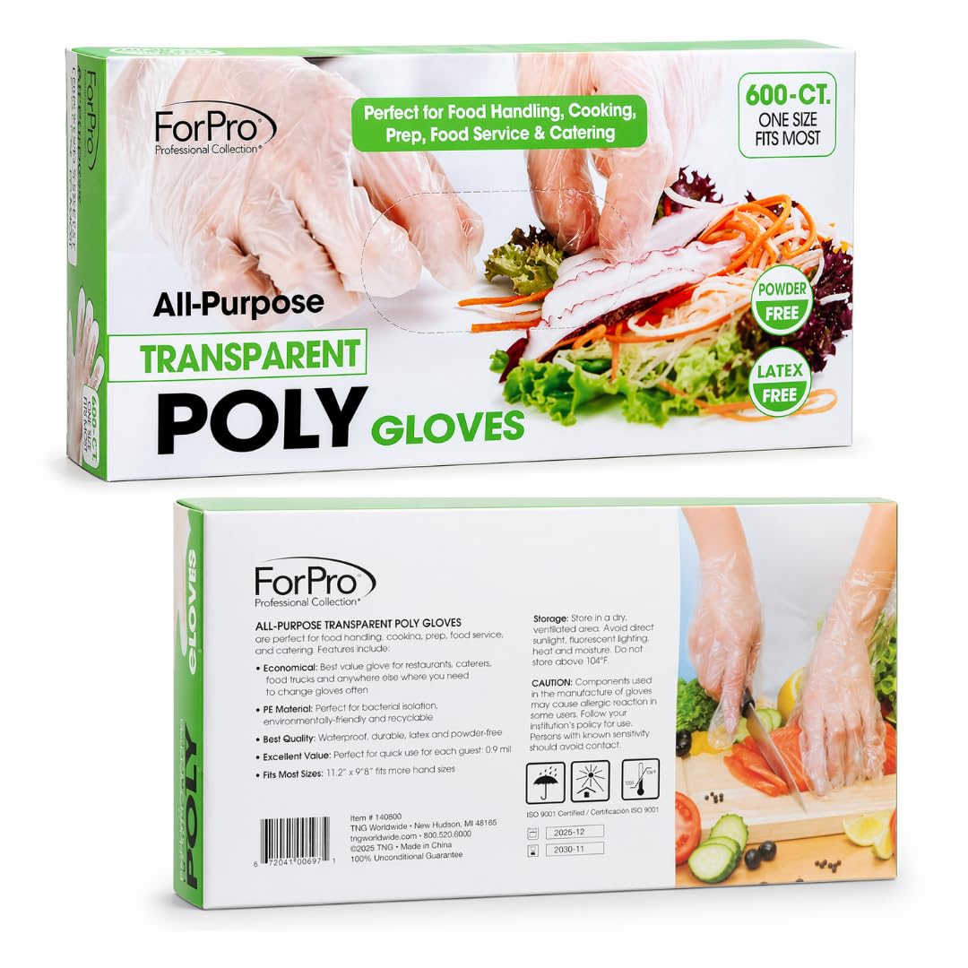 ForPro Guantes desechables de poliplástico, 600 unidades, guantes universales aptos para alimentos, procesamiento de alimentos, sin látex, no estériles, transparentes, de talla única