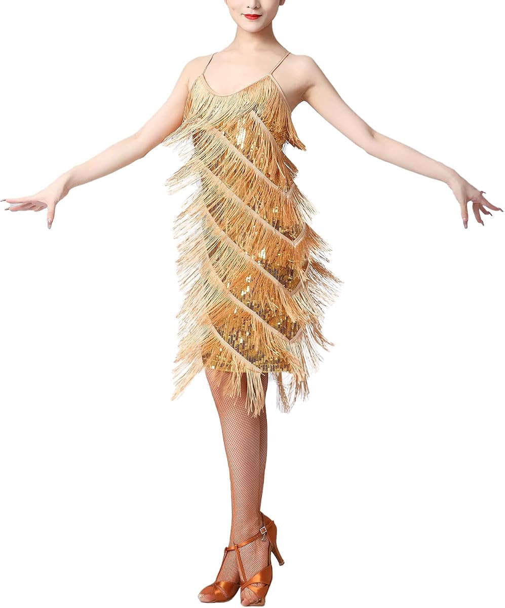 Vestido de baile latino ODASDO para mujer con borlas de lentejuelas brillantes para adulto Correa de espagueti Disfraz de baile de salsa de tango