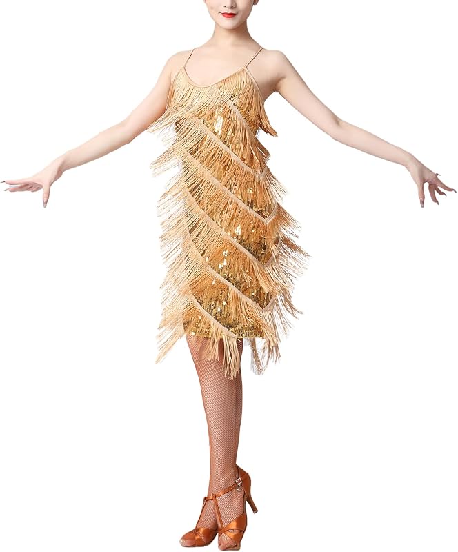 ODASDO Latin Dance Dress for Women Adult Shiny Sequins Tassels Spaghetti Strap Salsa Tango Ballroom Costume Dancewear