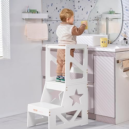 Miniatura 8 de VEVOR Taburete de cocina para niños pequeños, madera de pino natural con riel de seguridad, capacidad de carga de 150 libras, taburete de