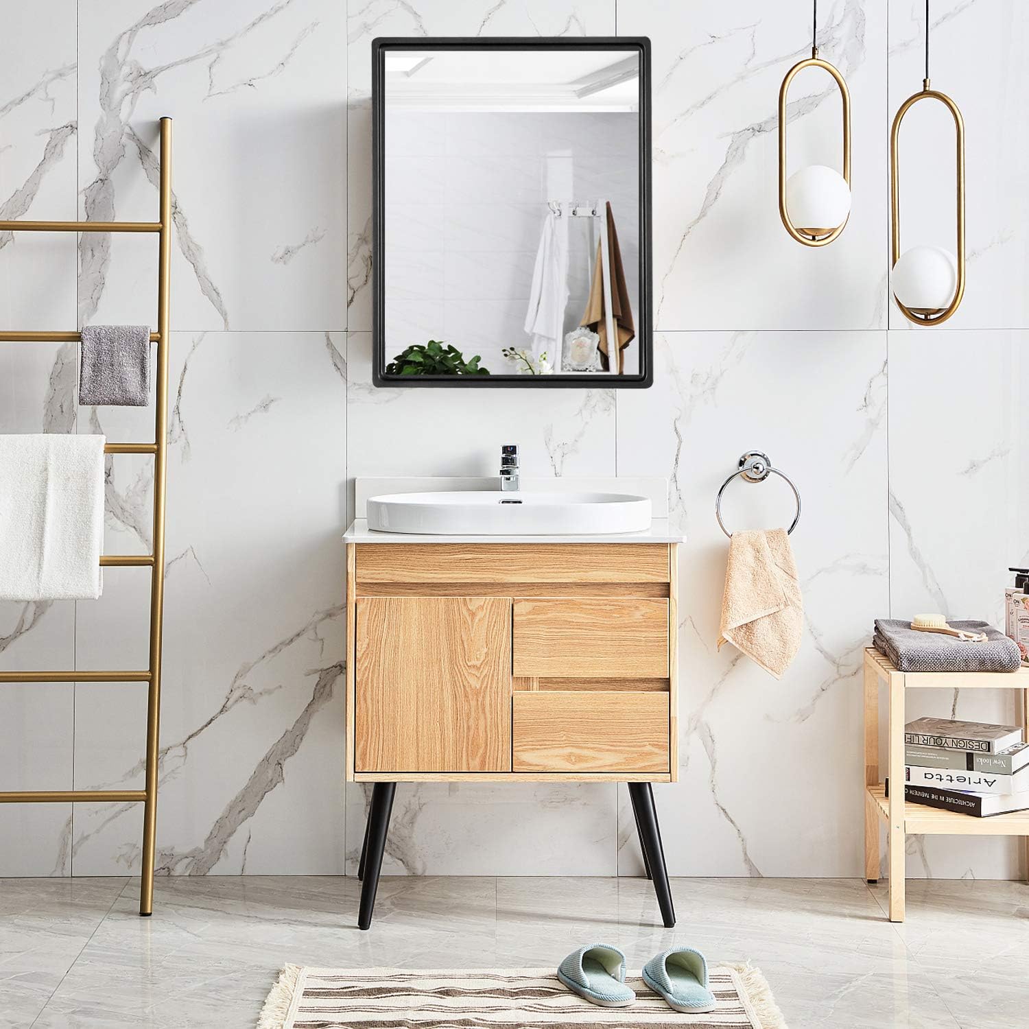 FOMAYKOAluminum Bathroom Medicine Cabinet with Farmhouse Black Framed 16x26 Inches Recess or Surface Mount Mirror Cabinet for Bathroom Toilet Kitchen