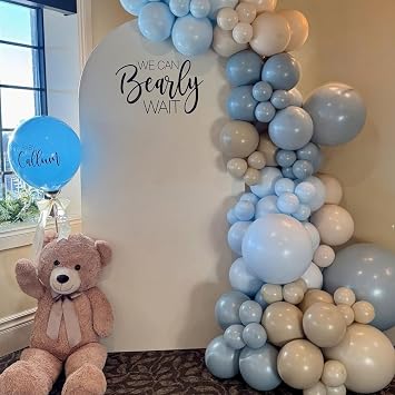 Double Stuffed Dusty Blue Brown Balloon Arch Kit, Neutral Balloon Garland Pastel Baby Blue Dark Brown White Sand Beige Tan Latex Balloons for Boys Baby Shower Teddy Bear Birthday Party Decorations