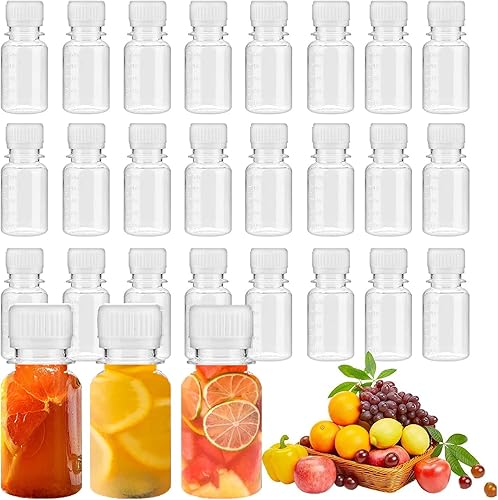 Voittozege 24 botellas pequeñas de plástico transparente para jugo de 2 onzas con tapa, mini botella de jugo con tapa de rosca blanca, contenedor de