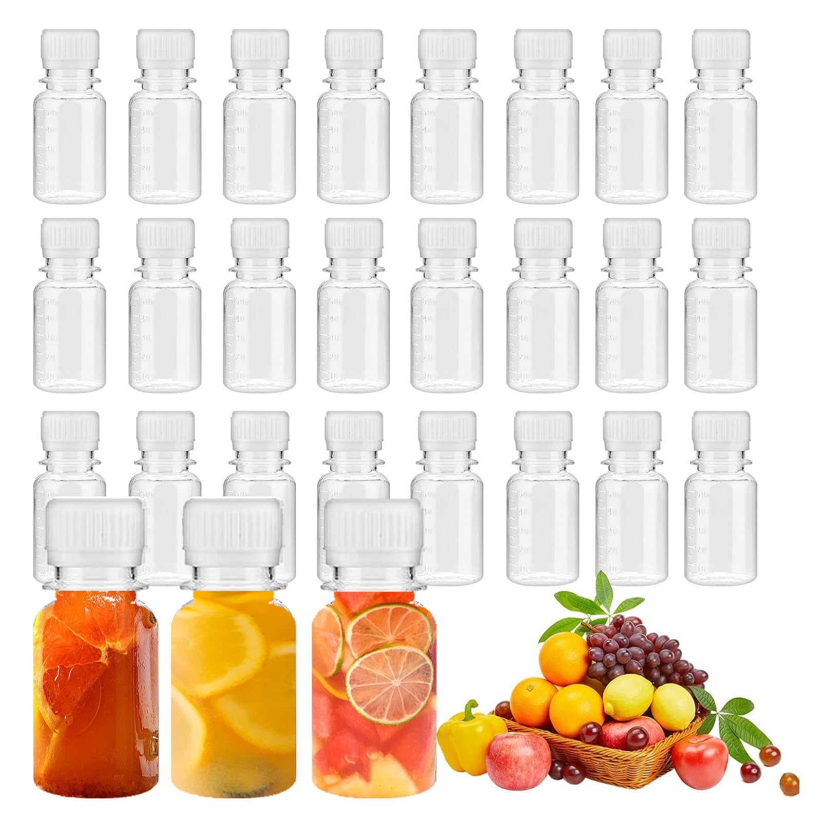 Voittozege 24 Pcs Small Ginger Shot Bottles, 2oz Mini Juice Bottle with White Screw Lid Vial Beverage Container Freezer Safe, Leak Proof, Reusable